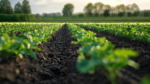 Close-up of potato plants rows in field, agriculture landscape with growth.