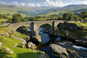 Fototapeta premium Traditional stone bridge gracefully spans a tranquil river surrounded by lush green hills and clouds in the sky