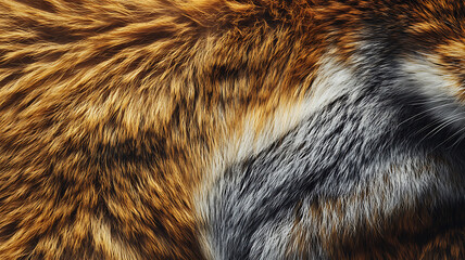 Close up detail of authentic fox fur with brown orange and white hairs natural animal pelt luxurious texture abstract pattern warm winter fashion design material