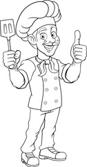A chef, baker or barbecue cook man giving a thumbs up and holding a BBQ or cooking spatula mascot character illustration