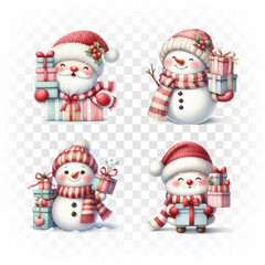 Set of Christmas watercolor elements of snowmen and santa. Holiday clip art for Christmas card, sticker and print.