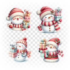 Set of Christmas watercolor elements of snowmen and santa. Holiday clip art for Christmas card, sticker and print.