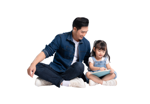 Full body image of Asian father and daughter posing on white background	
