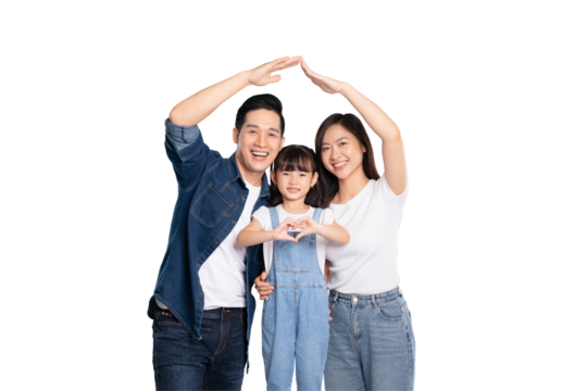 portrait of a happy asian family posing on a PNG  background	