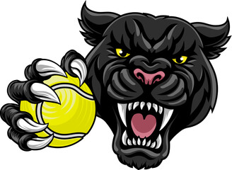 Black panther leopard or jaguar cat tennis sports team mascot holding a ball