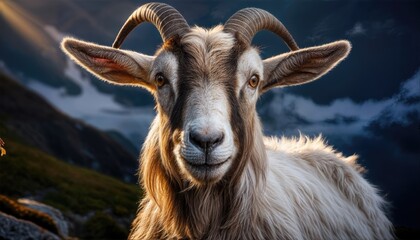 Goat roaming in the misty highlands, discovering serene solitude among gorse and heatherfilled meadows, capturing the mystical charm of Scotlands enchanting landscapes.