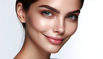 Fototapeta premium A smiling young woman with flawless skin, bright green eyes, and well-defined eyebrows, Concept beauty model