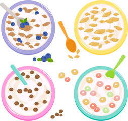 Set of bowls of breakfast cereal in different flavors. Top view. Cereal breakfast bowl set, cornflakes with milk, chocolate, blueberries fruits. Corn flakes and porridge oatmeal. Vector illustration