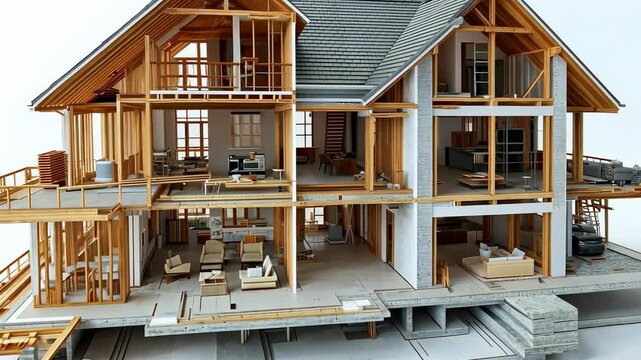 Interior and exterior of a wooden house with visible structure