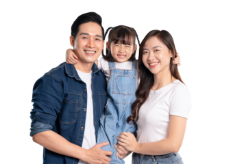 portrait of a happy asian family posing on a PNG  background	