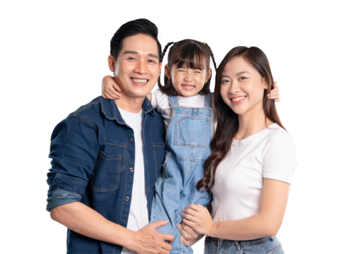 portrait of a happy asian family posing on a PNG  background	
