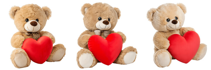 Fototapeta premium Set For Three teddy bears holding red hearts isolated on transparent background