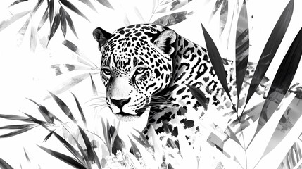Black and white sketch of a jaguar resting among jungle leaves, minimalist style
