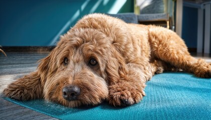 Playful Golden Doodle Pup Lounges on Wooden Floor in a Sunlit Room, Expressing Joy and Friendliness with Energetic Spirit.