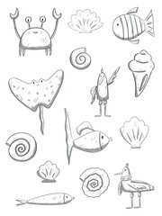 Hand-drawn sea creatures and shells