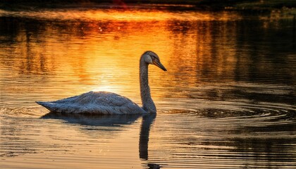 Serene Sunset Reflection over the Tranquil Waterway, Majestic Swan Gliding Amidst Golden Hues, Capturing the Sublime Beauty of a Peaceful Cygnet Evening.