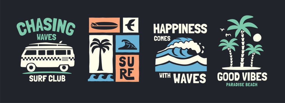 Vector graphic set with a tropical surf theme graphics. Perfect for t-shirt print, posters, and other surfing related designs.	