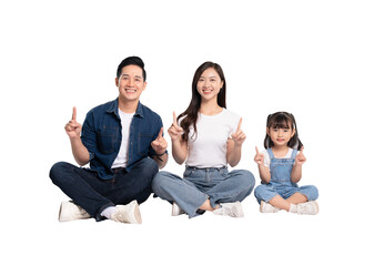Full body image of Asian family sitting and posing on PNG  background	