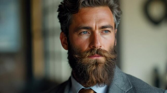 Bearded man with styled hair and serious expression looks to the side in a soft indoor light