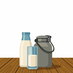 A bottle, glass, and milk can filled with fresh milk on a wooden table.