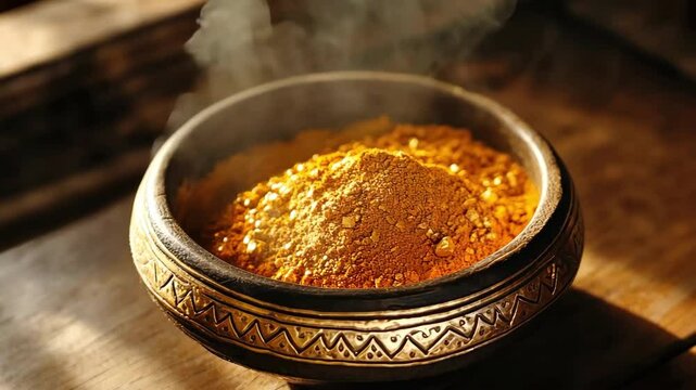 Close-up of steaming turmeric powder in a bowl on rustic wood surface. Focus on food, spice, turmeric, and golden color with visible steam.