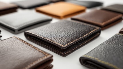 Close Up Variety Of Leather Wallets In Different Colors On White Background