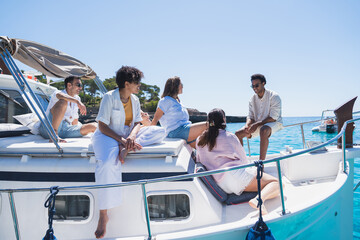 Group relaxing on traditional Mallorcan llaüt in turquoise water - Friends enjoying a sunny day on...
