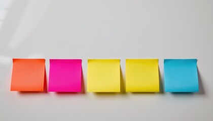 Colorful sticky notes arranged in a row on a surface.