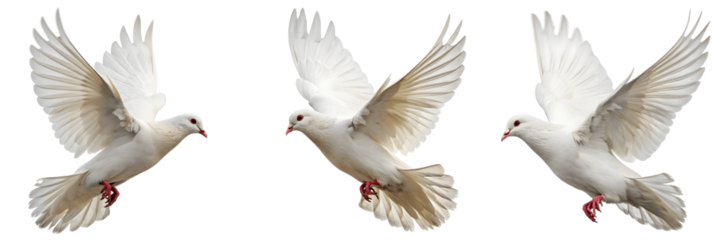 Set For Three white doves flying isolated on transparent background