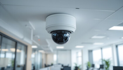 A modern surveillance dome camera is mounted on a white ceiling, providing security in an office environment with blurred office space