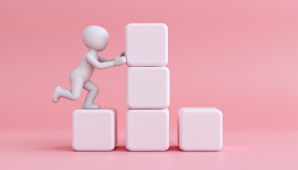 A figure climbs blocks on a pink background, symbolizing progress.