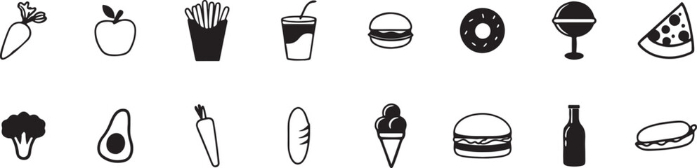 Fast Food and Snack Icons: Vector Illustrations for Burgers, Drinks, and Quick Meal Menu Designs.