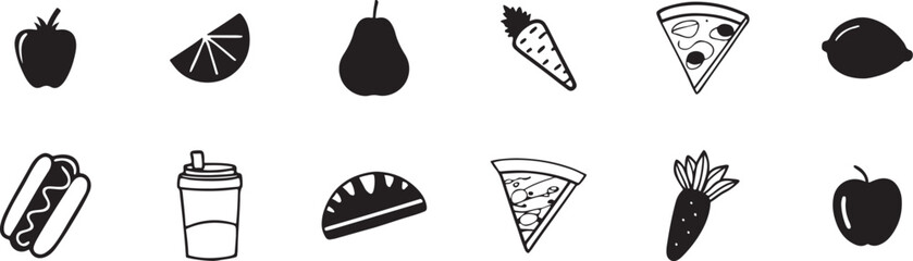 Fast Food and Snack Icons: Vector Illustrations for Burgers, Drinks, and Quick Meal Menu Designs.