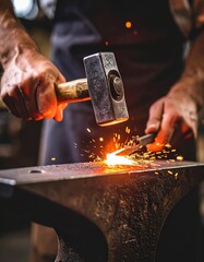 Male blacksmith crafting glowing metal on anvil with hammer sparks