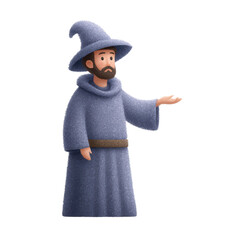 A bearded wizard in a blue robe and pointed hat gestures with one hand extended.