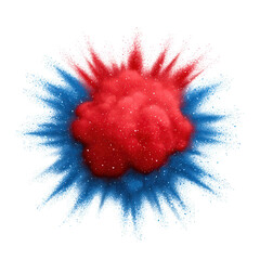 A burst of red and blue colored powder forms an energetic, vibrant explosion with visible fine particles.