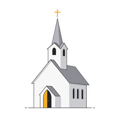 Simple white church with a steeple and golden cross on top  