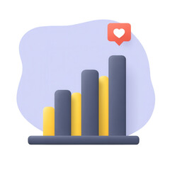 A bar chart with four ascending bars and a heart notification icon above the tallest bar.