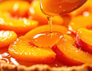 Golden syrup drizzling over fresh sliced peaches enhancing sweetness