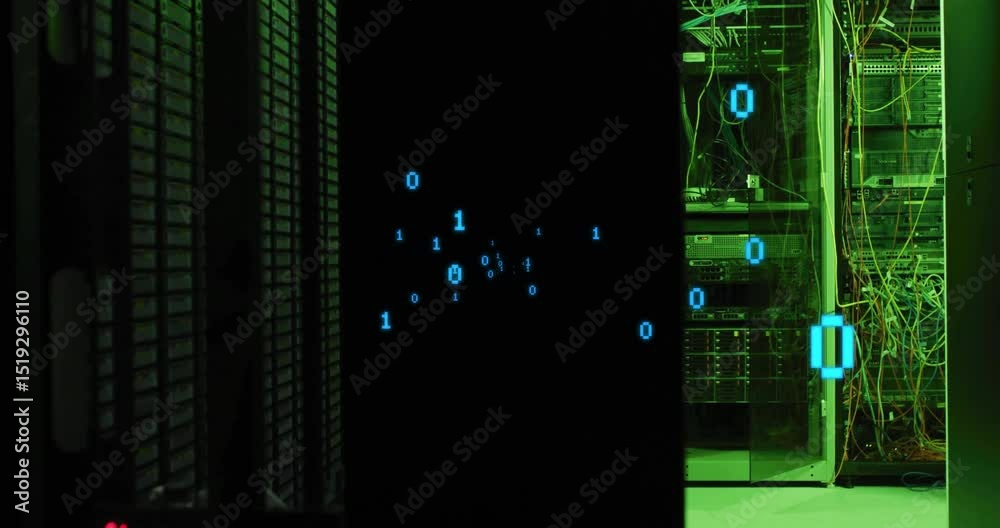 Aufkleber blank display pulsing binary code per second between server rack and cables illustrating data flow