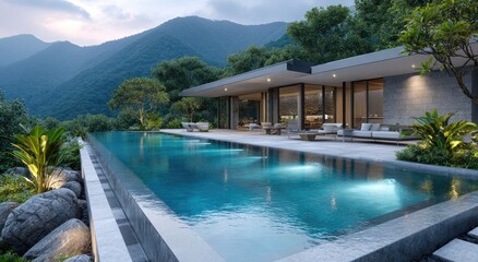 Obraz premium A serene and luxurious infinity pool overlooking the lush mountains