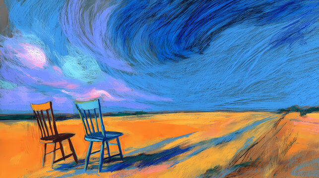 emotive poster for art therapy | obsessive motion | fragile hope | ultramarine and ochre | asymmetric rhythm | wooden chairs | circular sky motion | color vibration | southern France countryside |