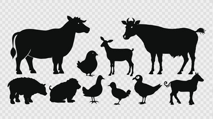 Black Silhouettes of Farm Animals and Wildlife on Transparent Background