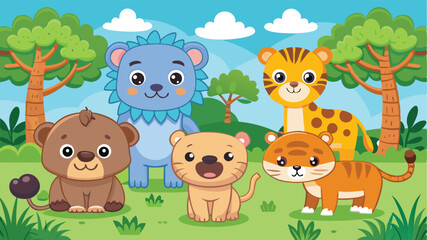 Cartoon Animals in a Forest Setting with Trees and Blue Sky Background