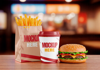 Fast Food Combo Mockup French fries, Burger and Coffee Cup