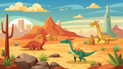 Cartoon Dinosaurs Roaming in a Desert Landscape with Mountains and Cacti