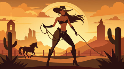 Silhouette of a Cowgirl with Lasso in a Desert Landscape at Sunset