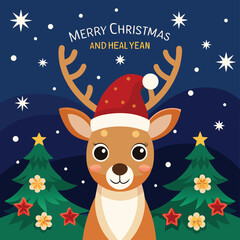 Fototapeta premium Festive Christmas Deer with Santa Hat and Decorated Trees Illustration