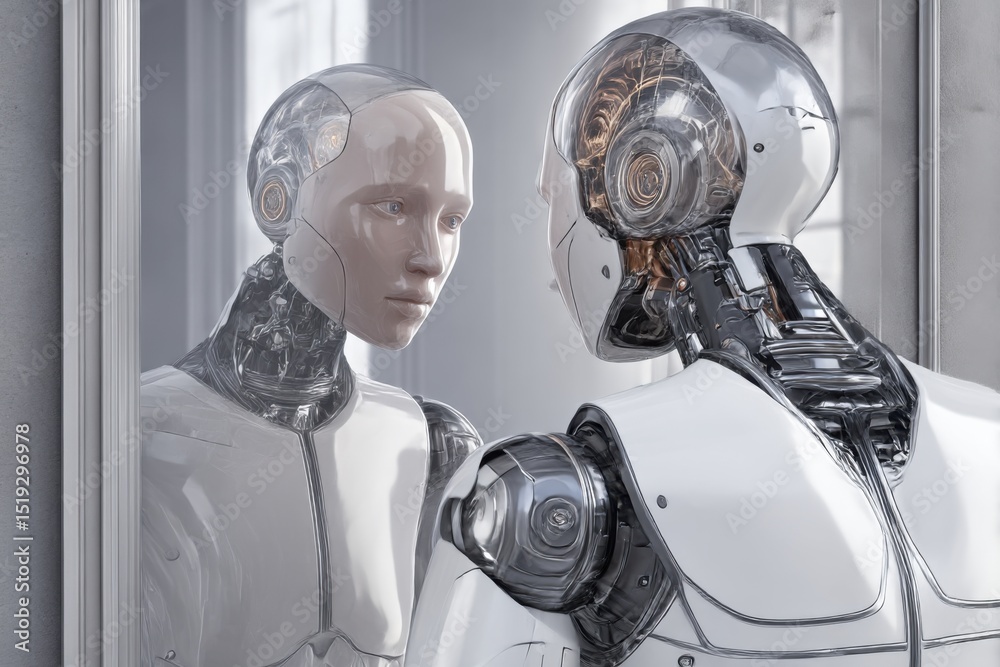 Poster A humanoid AI robot looking at itself in the mirror, showing its reflection. The robotic figure is sleek and white with metallic textures,  human-like face shows signs of emotion like joy or sadness.