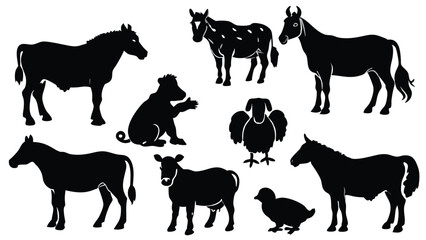 Black Silhouette Collection of Farm Animals on White Background Illustration